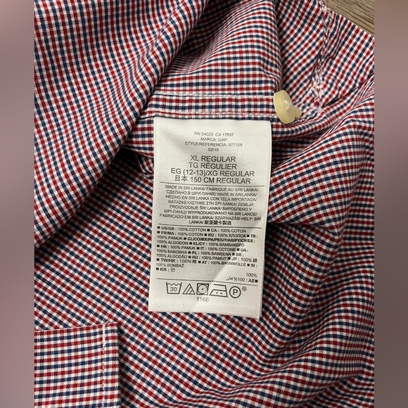 GAP Kids Non-Iron Shirt Boys XL Button Up Down Collared Plaid‎ Red Blue - Picture 5 of 7